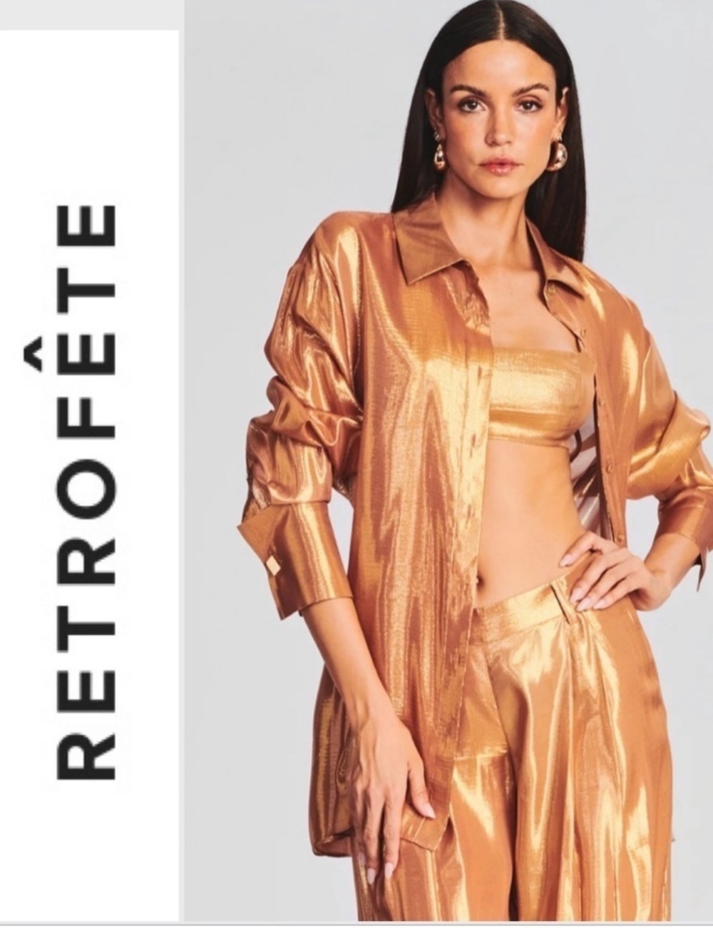 Retrofete Metallic Gold Button-Down Shirt M new